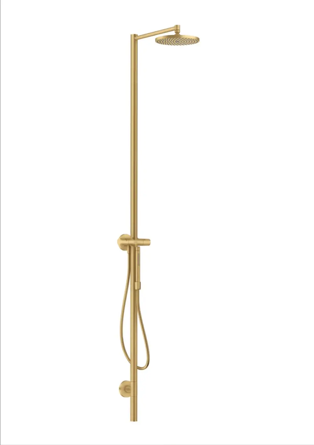Duschsäule in Brushed Gold Optic mit Kopfbrause und Handbrause, montiert an der Wand. Produkt von AXOR. Minimalistisches Design, geeignet für Badezimmer.